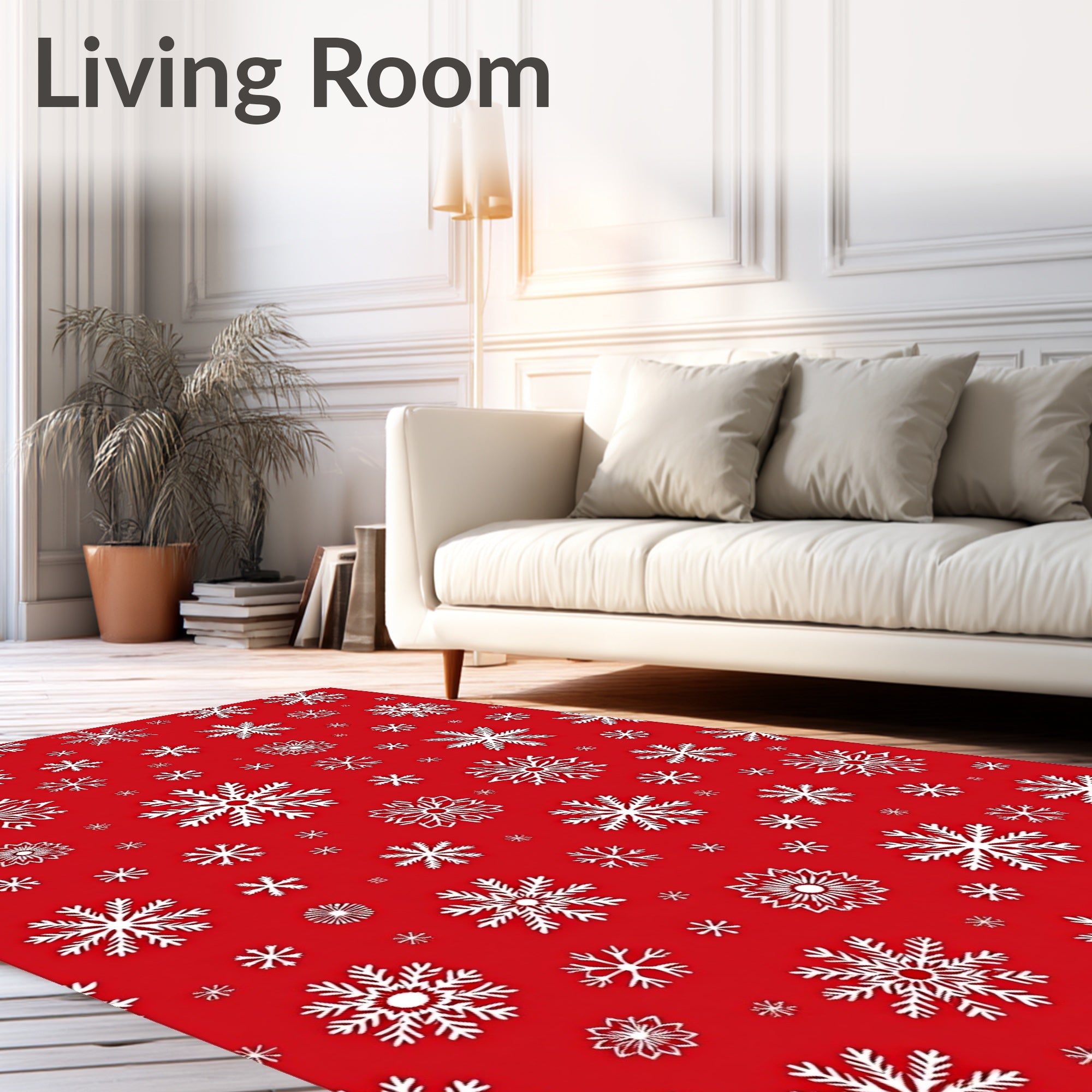 White Snowflake Snowfall Red Background Rug