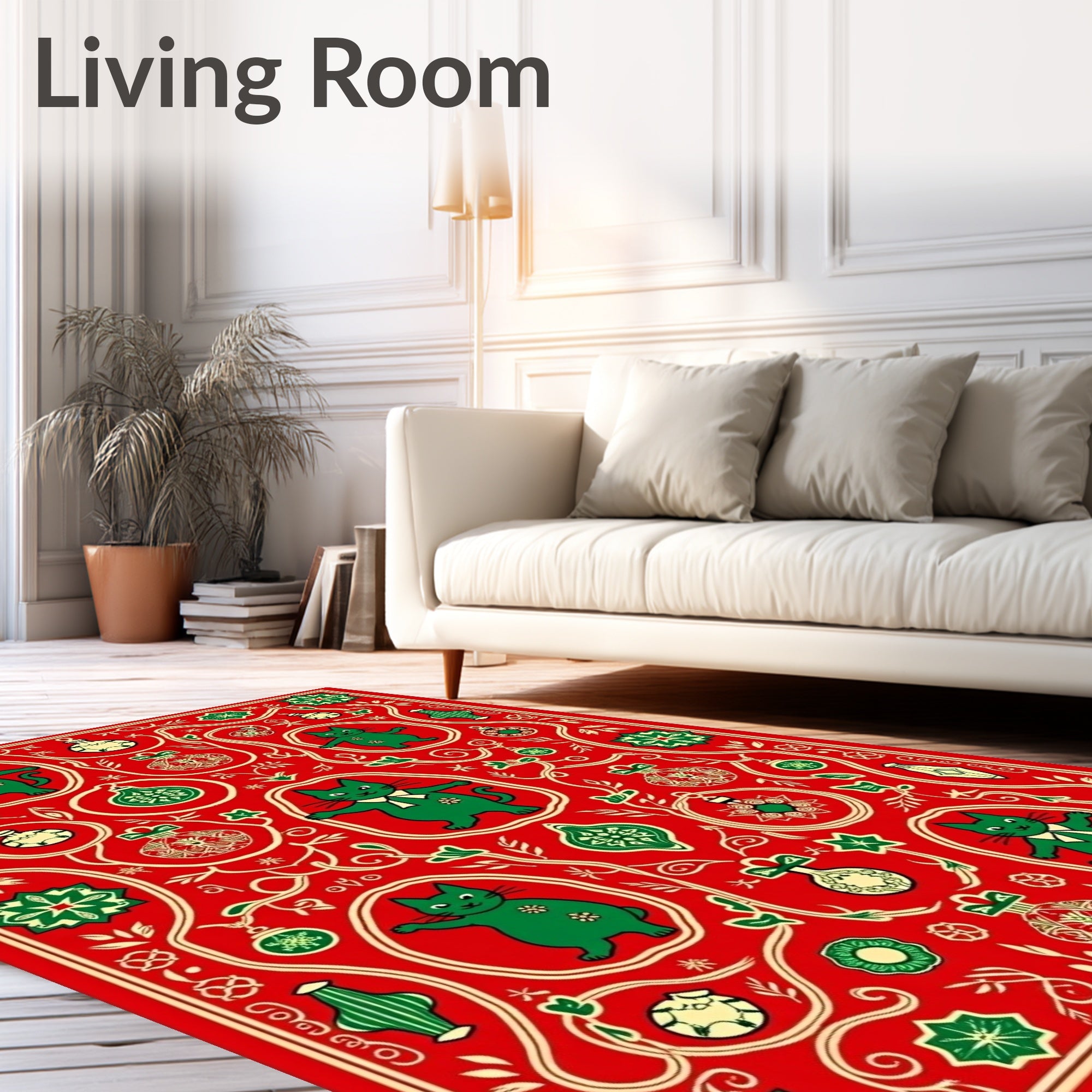 Whimsical Red Green Cat Ornament Medallion Rug