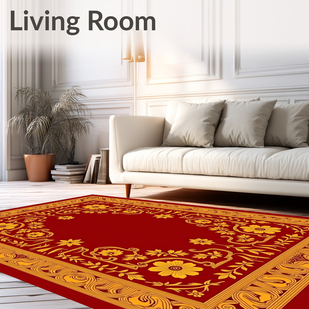 Rich Red Golden Floral Border Rug