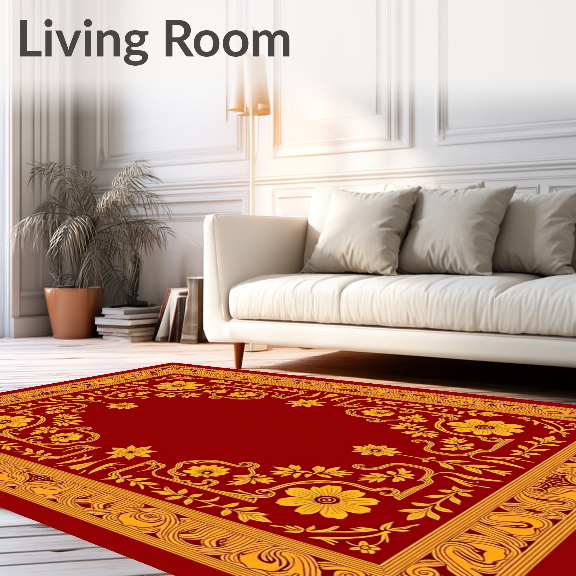 Rich Red Golden Floral Border Rug