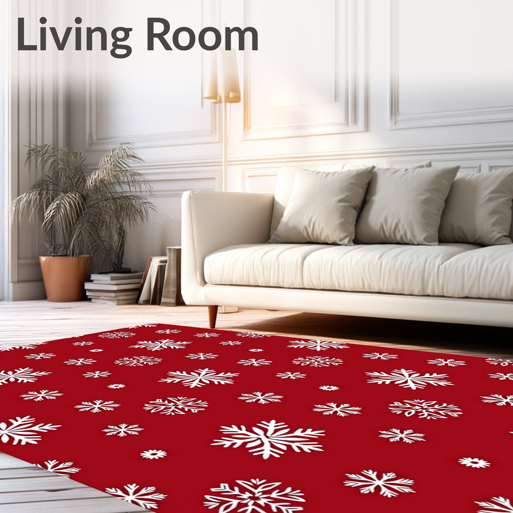 Crimson White Snowflake Winter Scene Rug