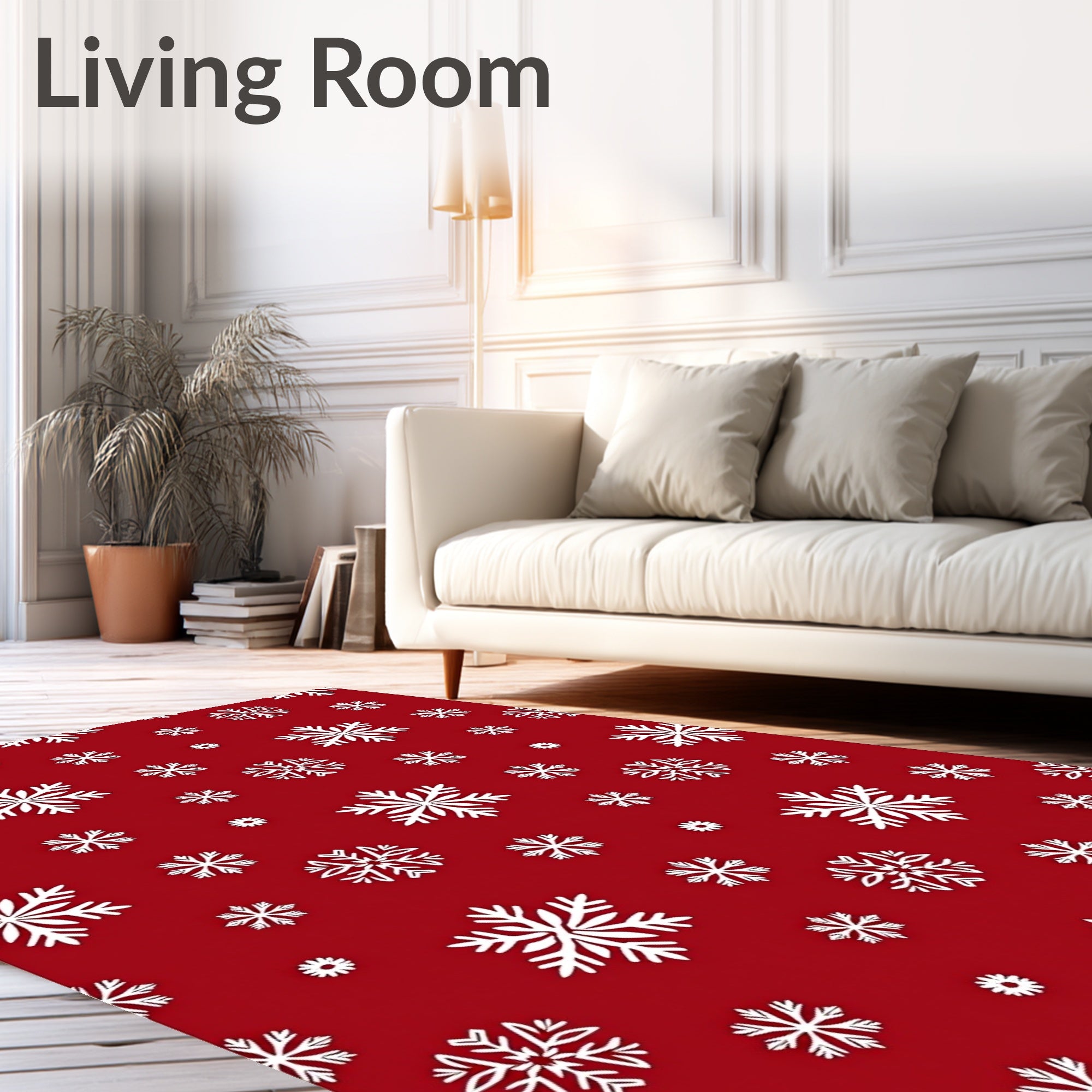 Crimson White Snowflake Winter Scene Rug