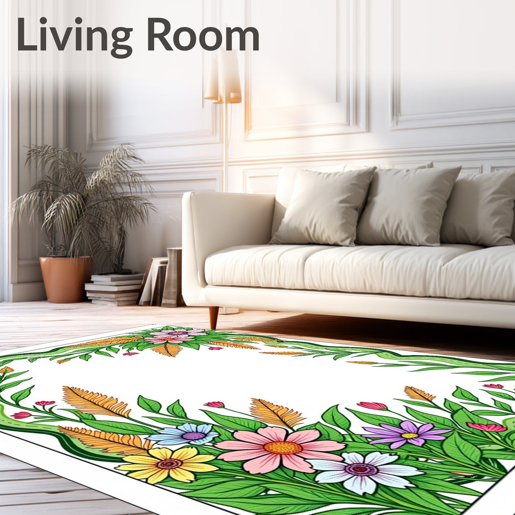 Vibrant Floral Border with Green Vines Rug