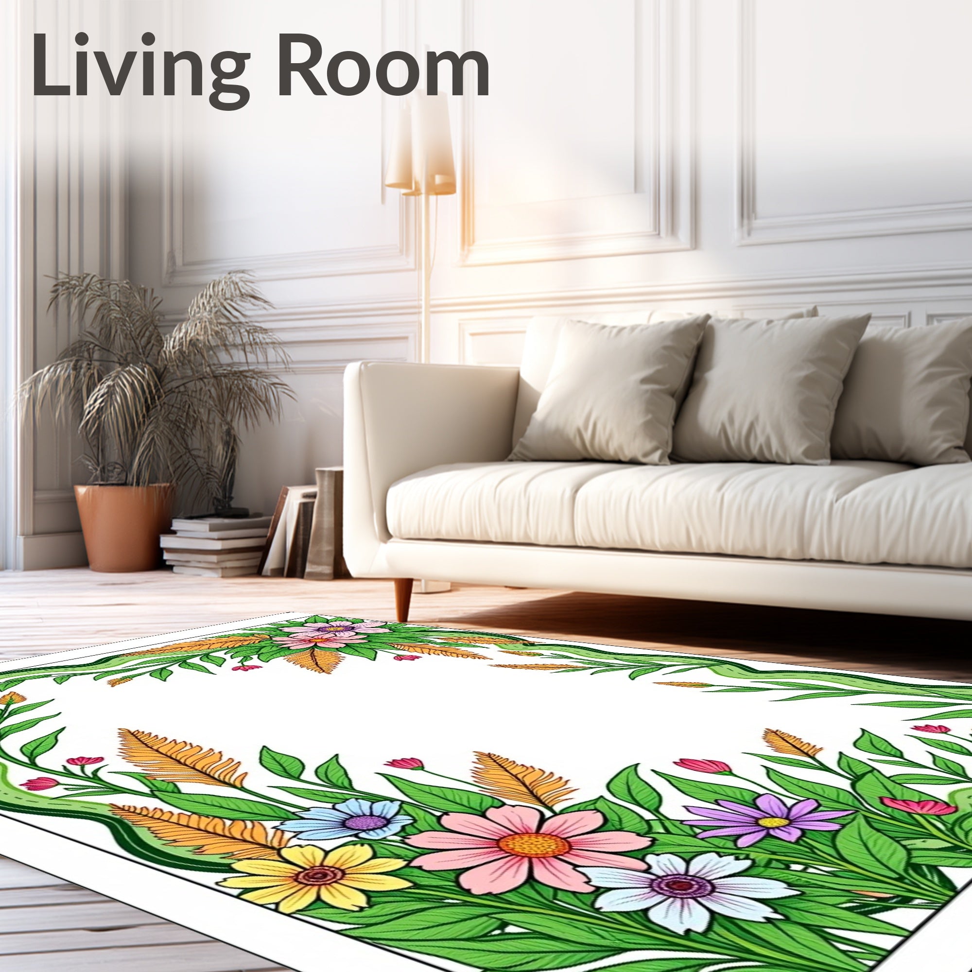 Vibrant Floral Border with Green Vines Rug