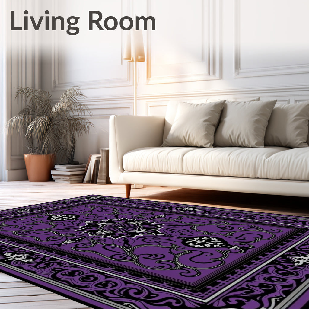 Ornate Purple Black Medallion Border Rug