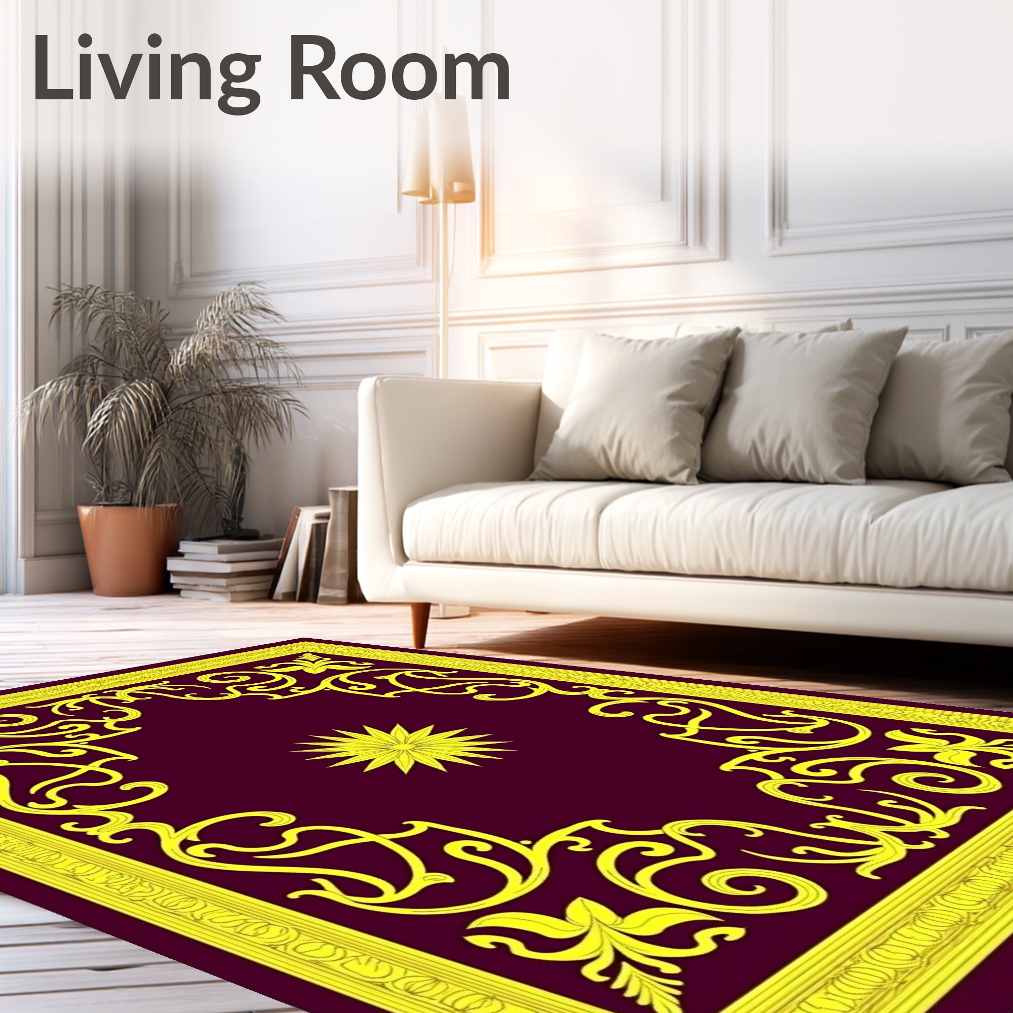 Ornate Yellow Floral Starburst Plum Rug