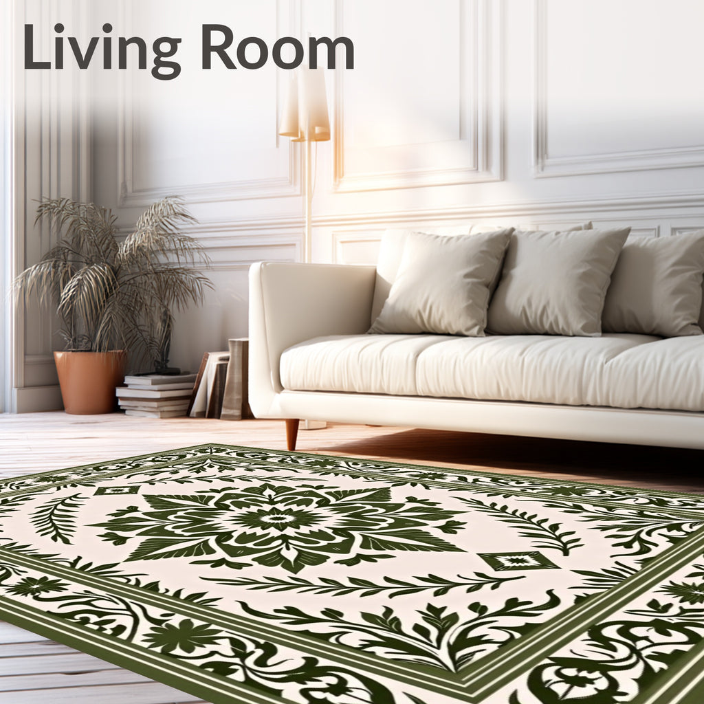 Forest Green Floral Medallion Border Rug