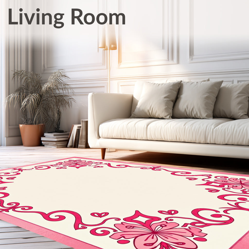Fuchsia Floral Swirl Corner Frame Rug