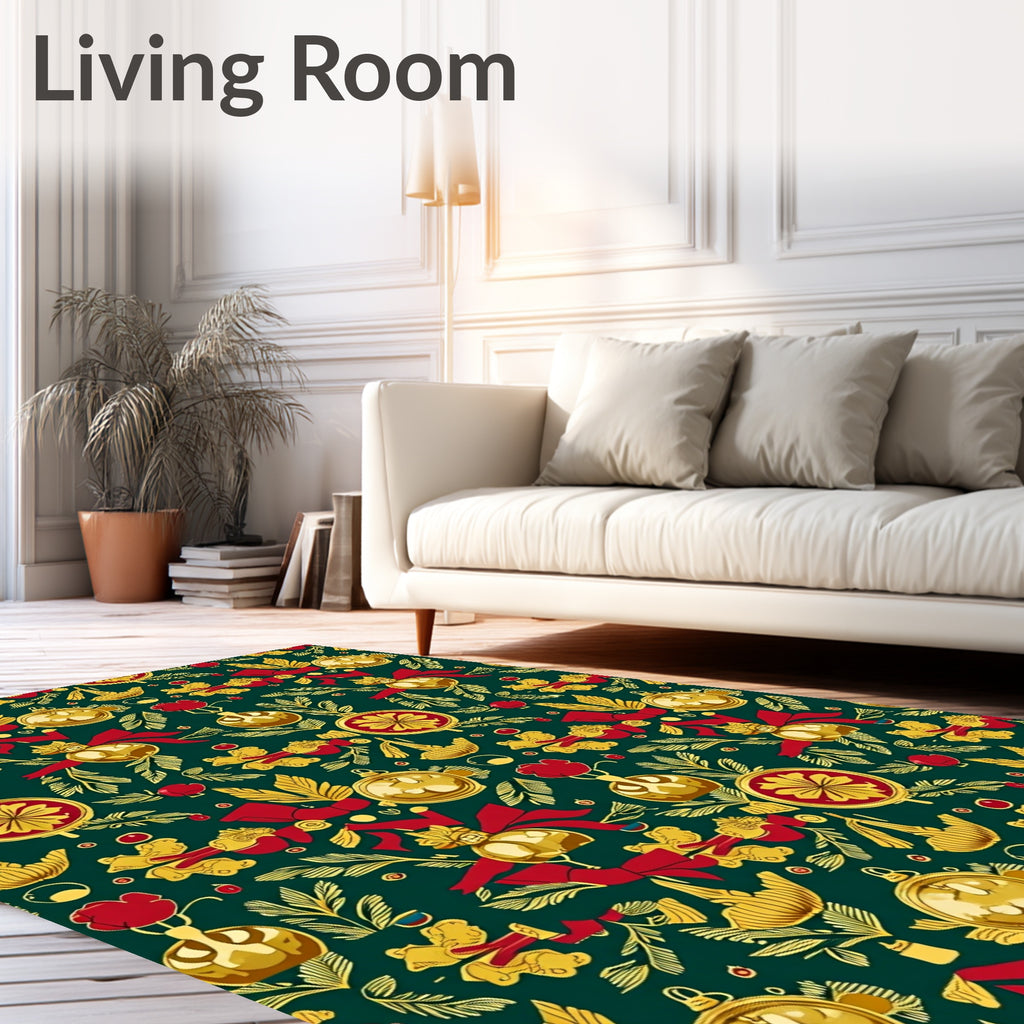 Festive Gold Baubles Red Bows Foliage Rug