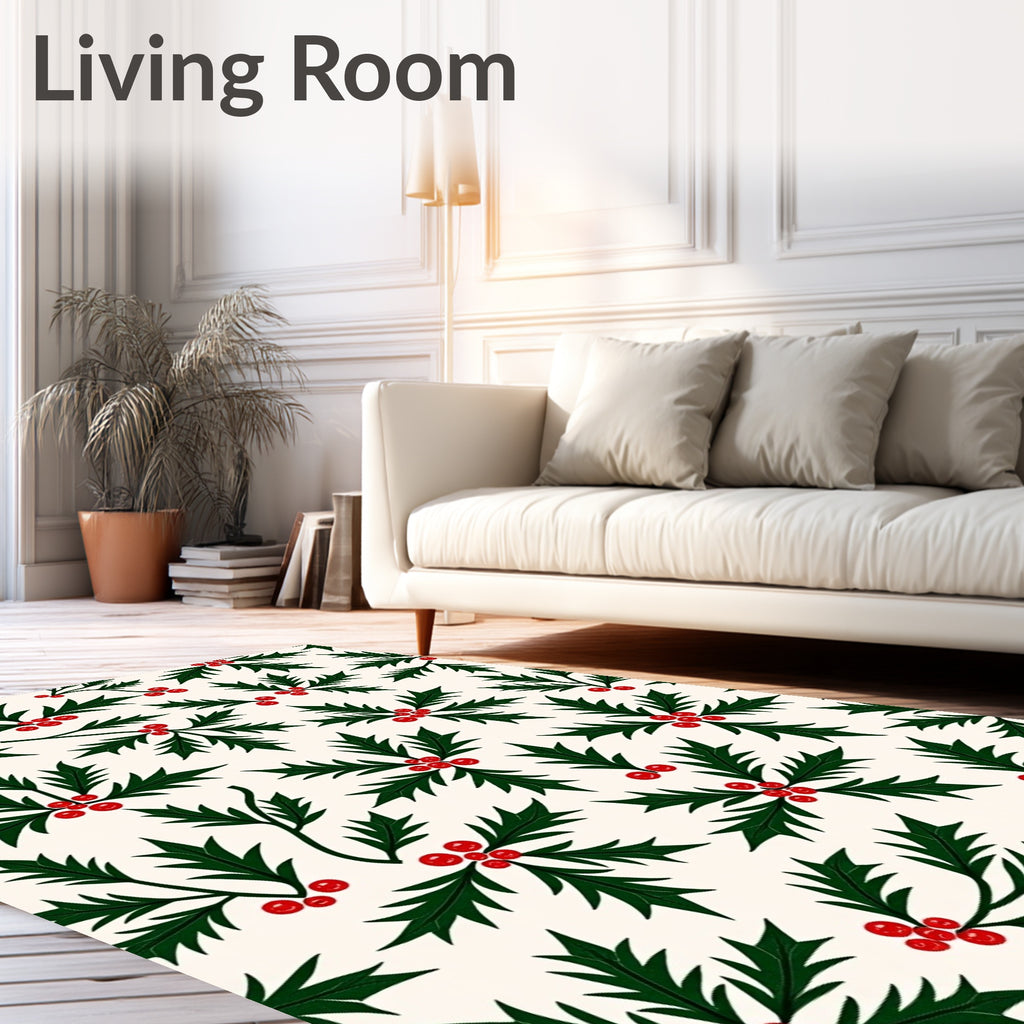 Classic Green Holly Berry Background Rug