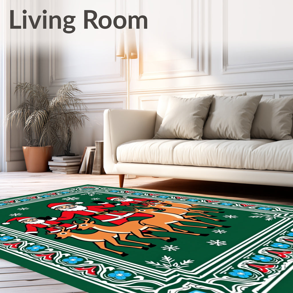 Festive Green Santa Reindeer Snowflakes Border Rug