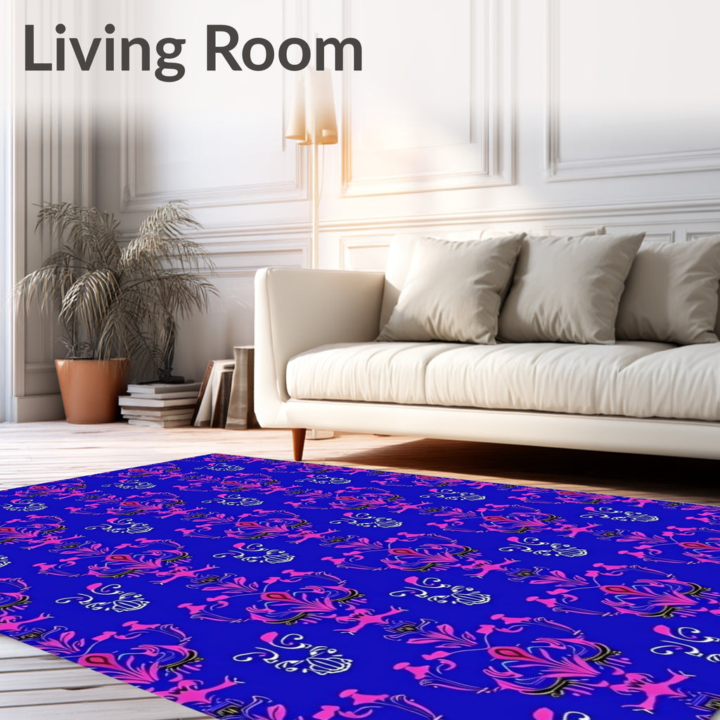 Bold Royal Blue Pink Floral Damask Rug