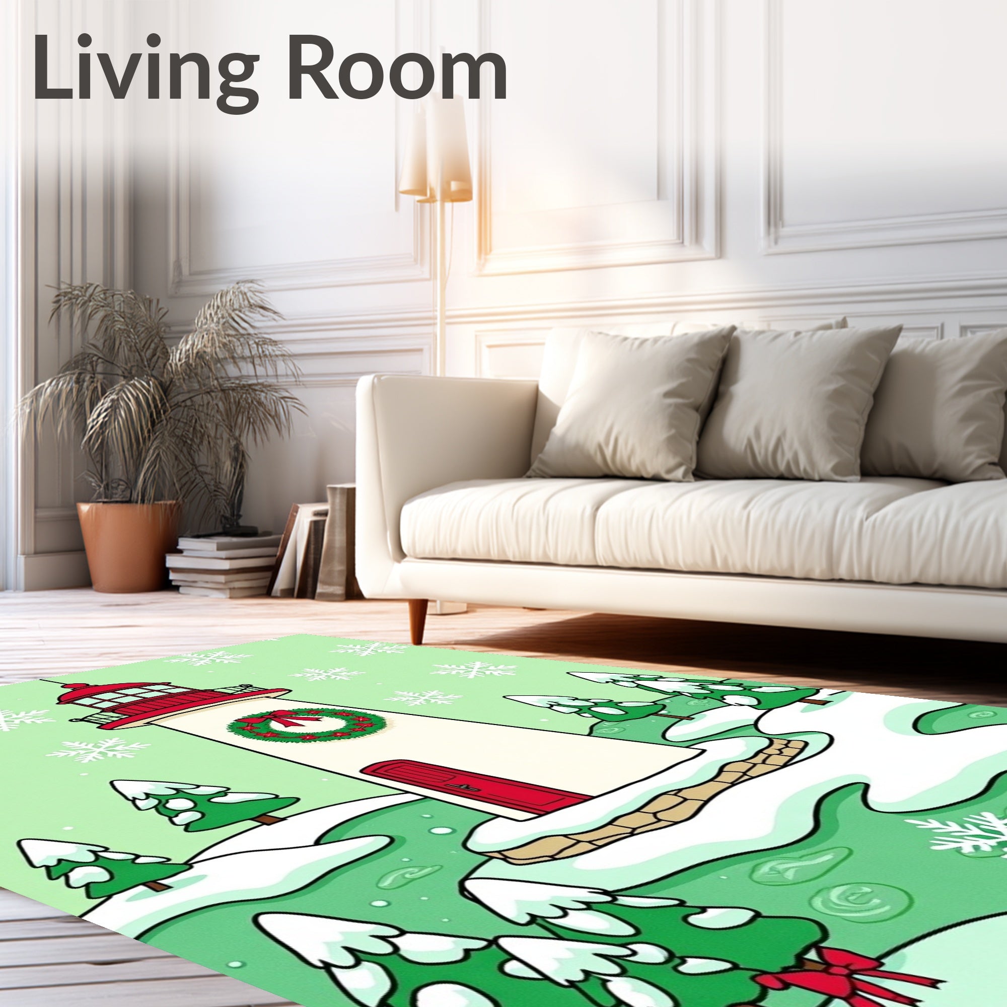 Festive Christmas Lighthouse Snowfall Scene Rug
