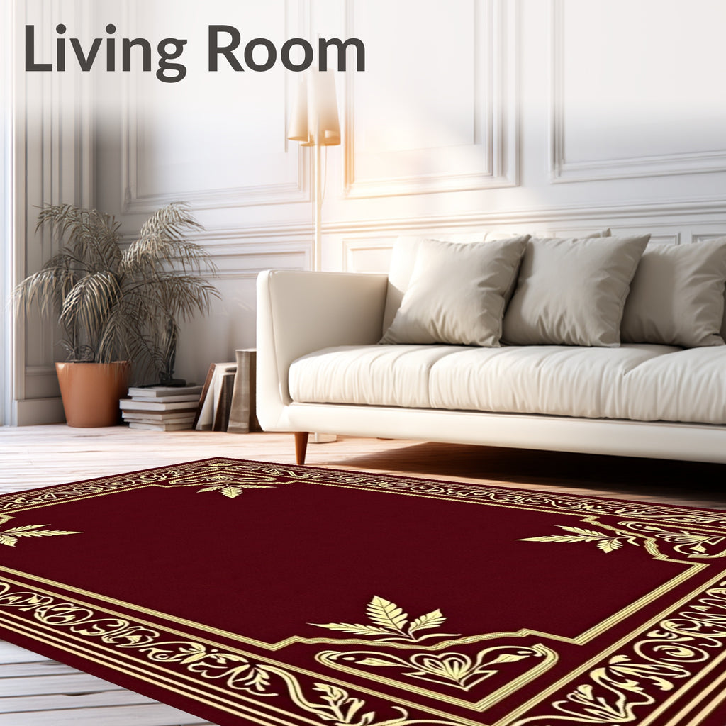Ornate Crimson Gold Leaf Border Rug