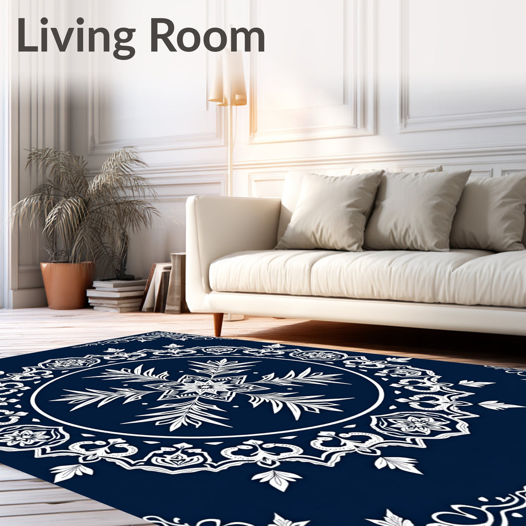 Navy Blue White Mandala Star Rug