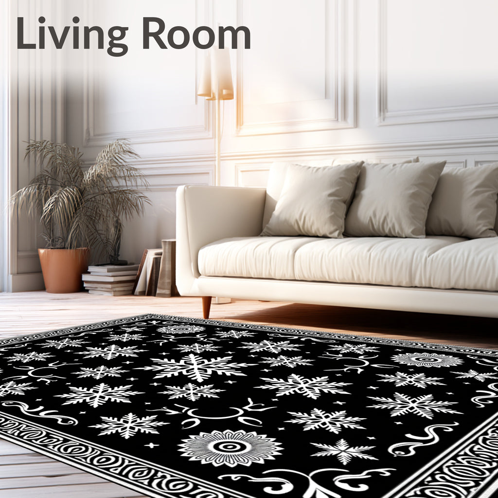 Black White Snowflake Ornamental Border Rug