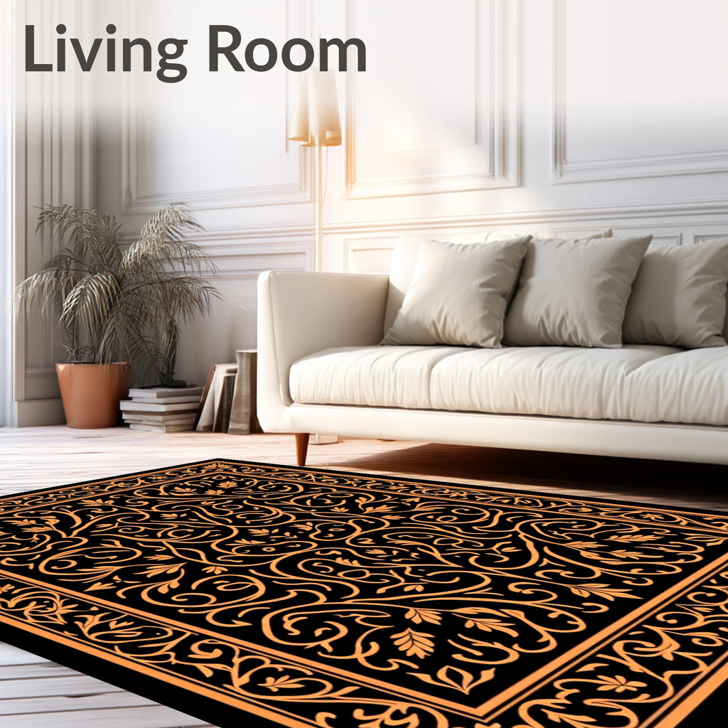 Orange Floral Scrollwork Black Rug