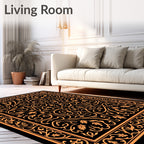 Orange Floral Scrollwork Black Rug