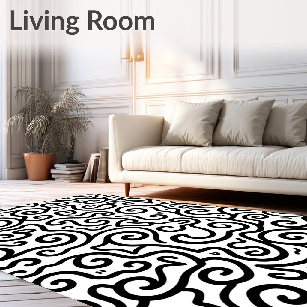Whimsical Black White Swirl Abstract Rug