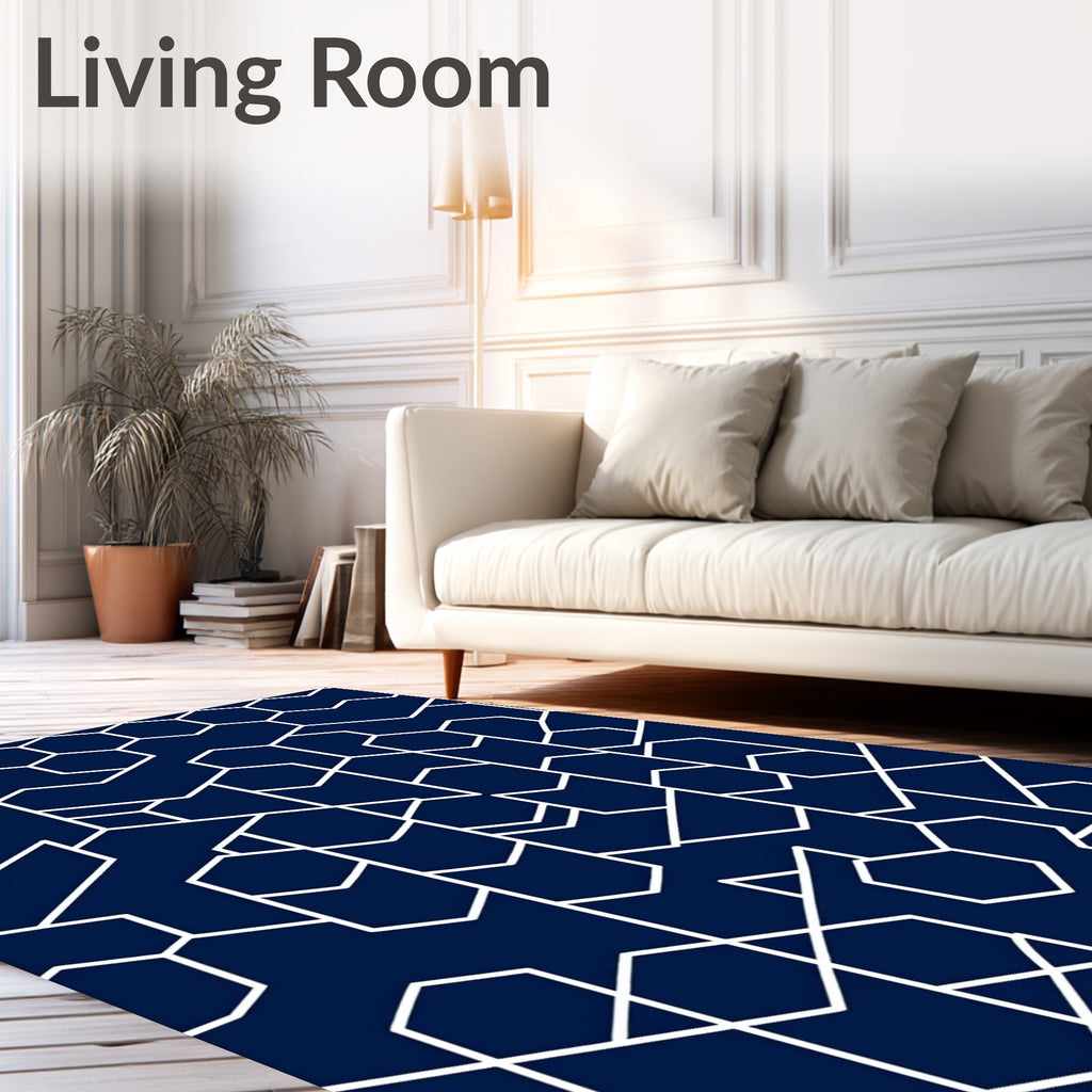 Navy White Geometric Abstract Hexagon Rug