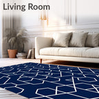 Navy White Geometric Abstract Hexagon Rug