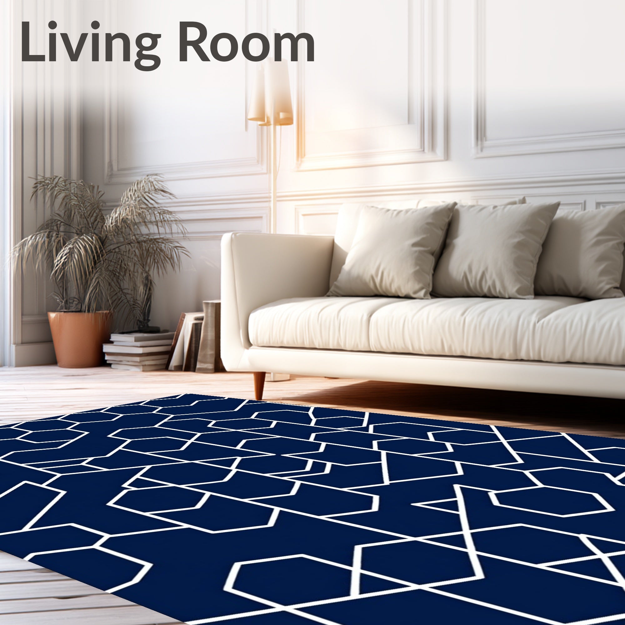 Navy White Geometric Abstract Hexagon Rug