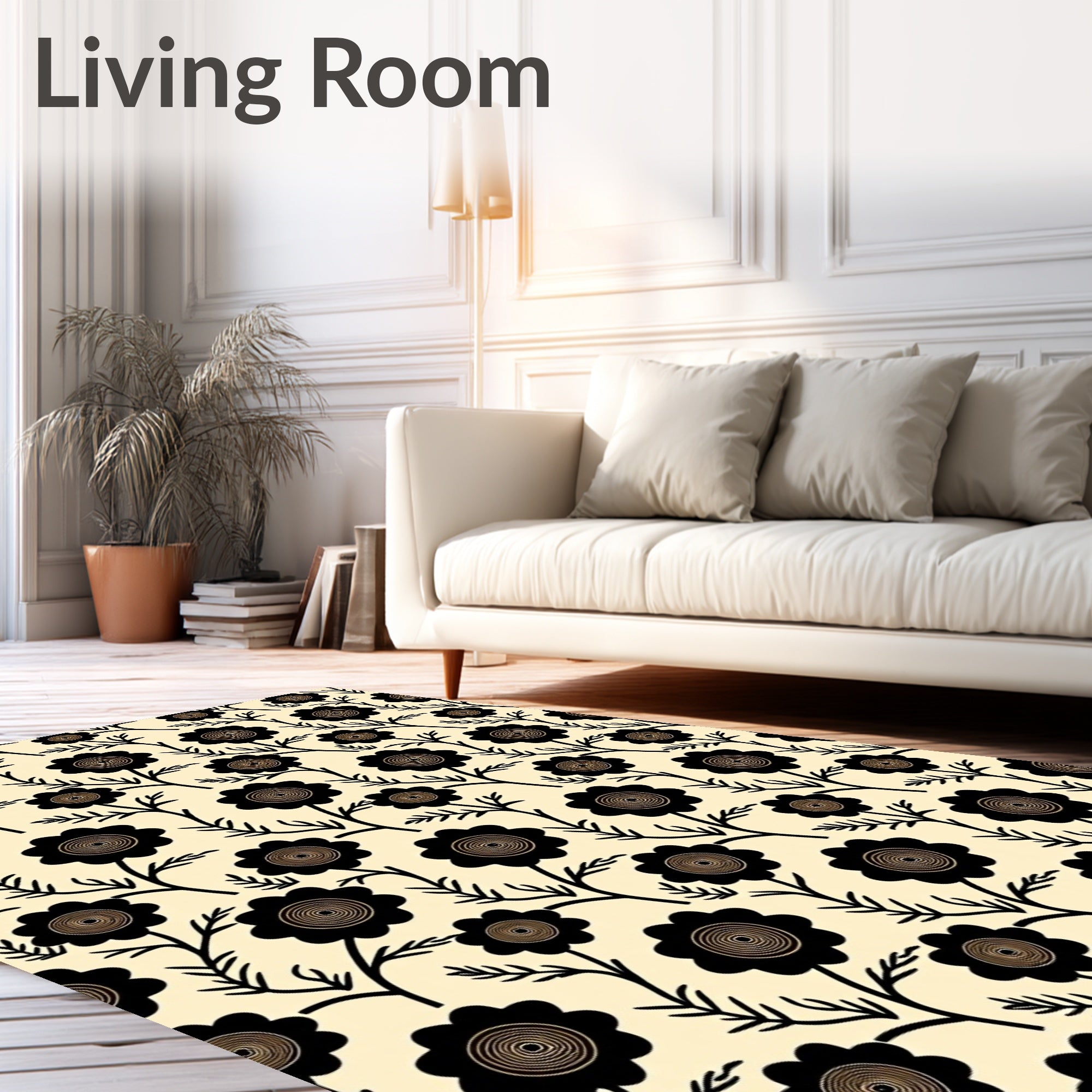 Black Floral Silhouette Cream Ground Rug