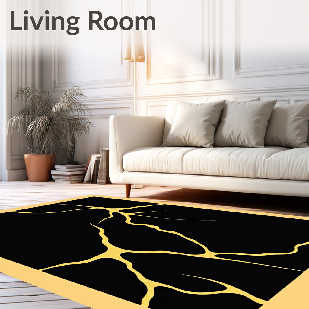 Black Gold Cracked Kintsugi Art Rug
