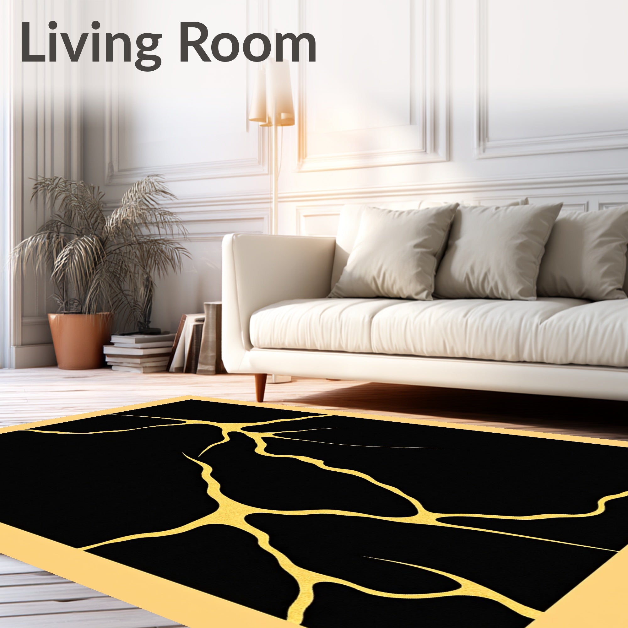 Black Gold Cracked Kintsugi Art Rug