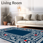 Navy White Red Floral Botanical Frame Rug