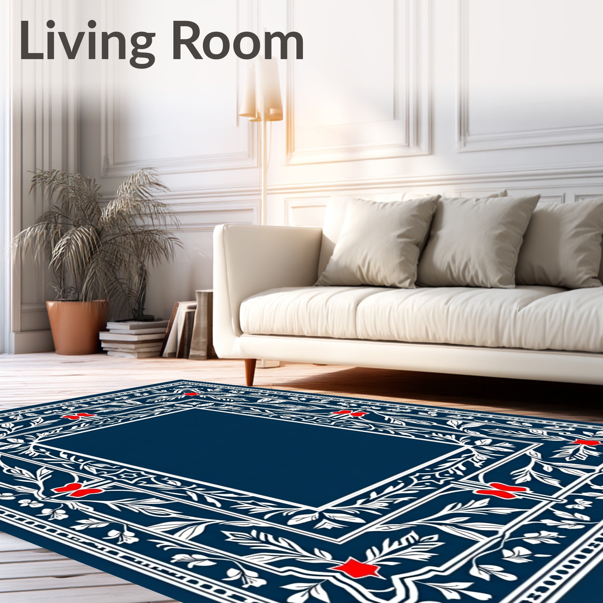 Navy White Red Floral Botanical Frame Rug