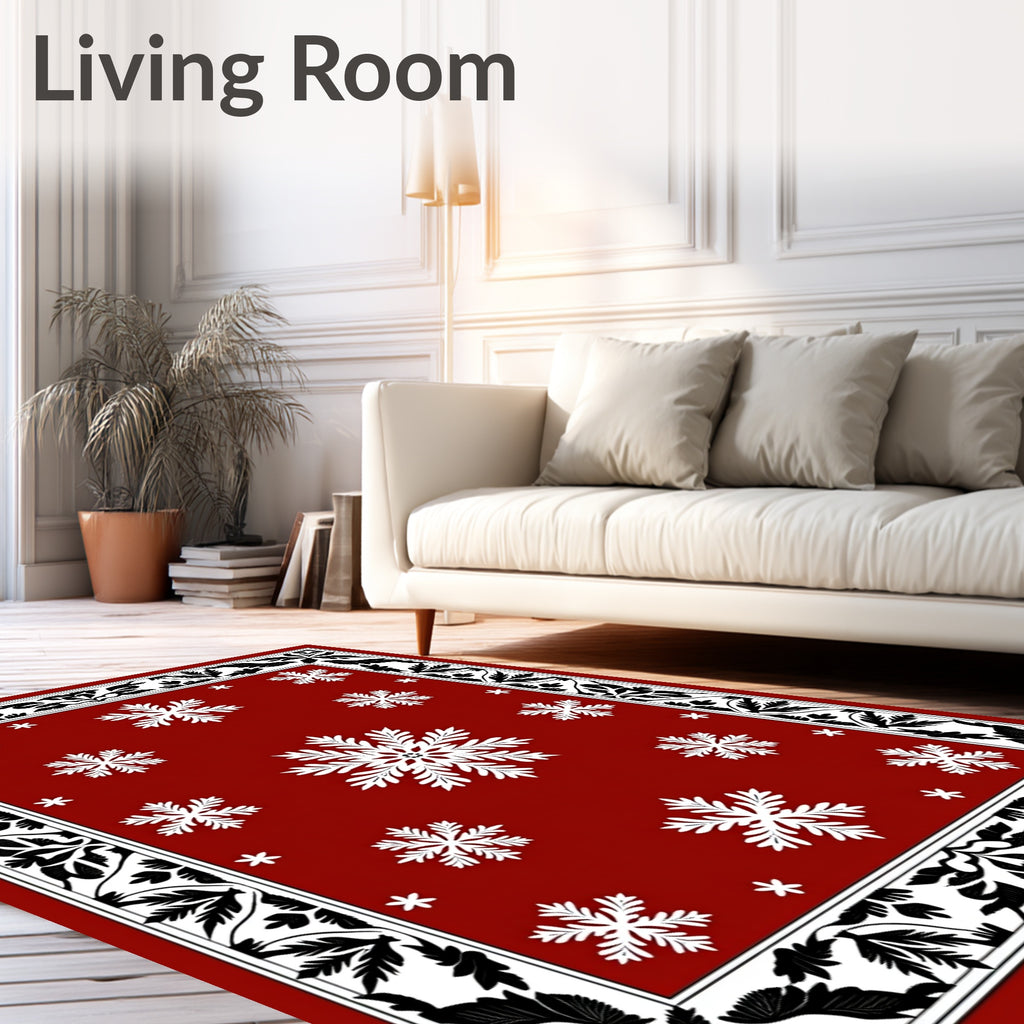Crimson Red Snowflake Border Rug