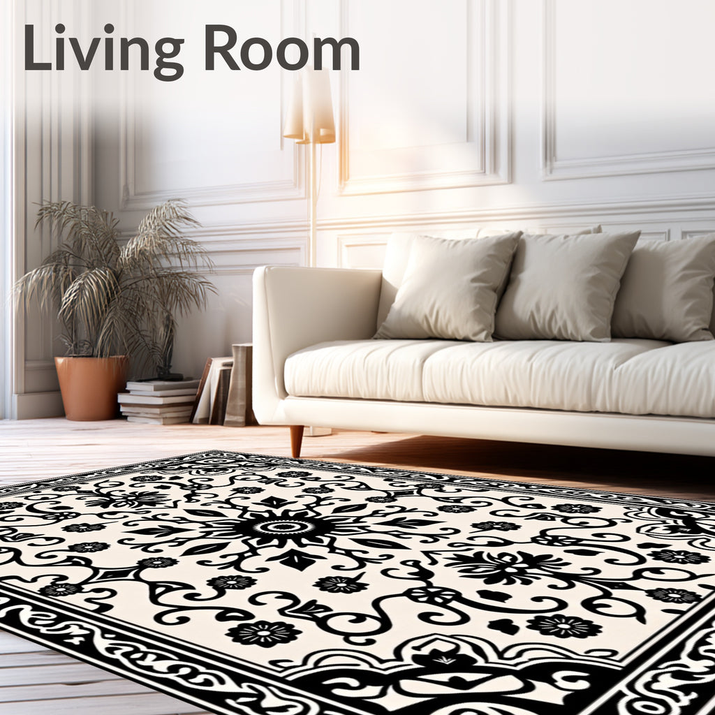 Black Cream Floral Medallion Border Rug