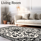 Black Cream Floral Medallion Border Rug