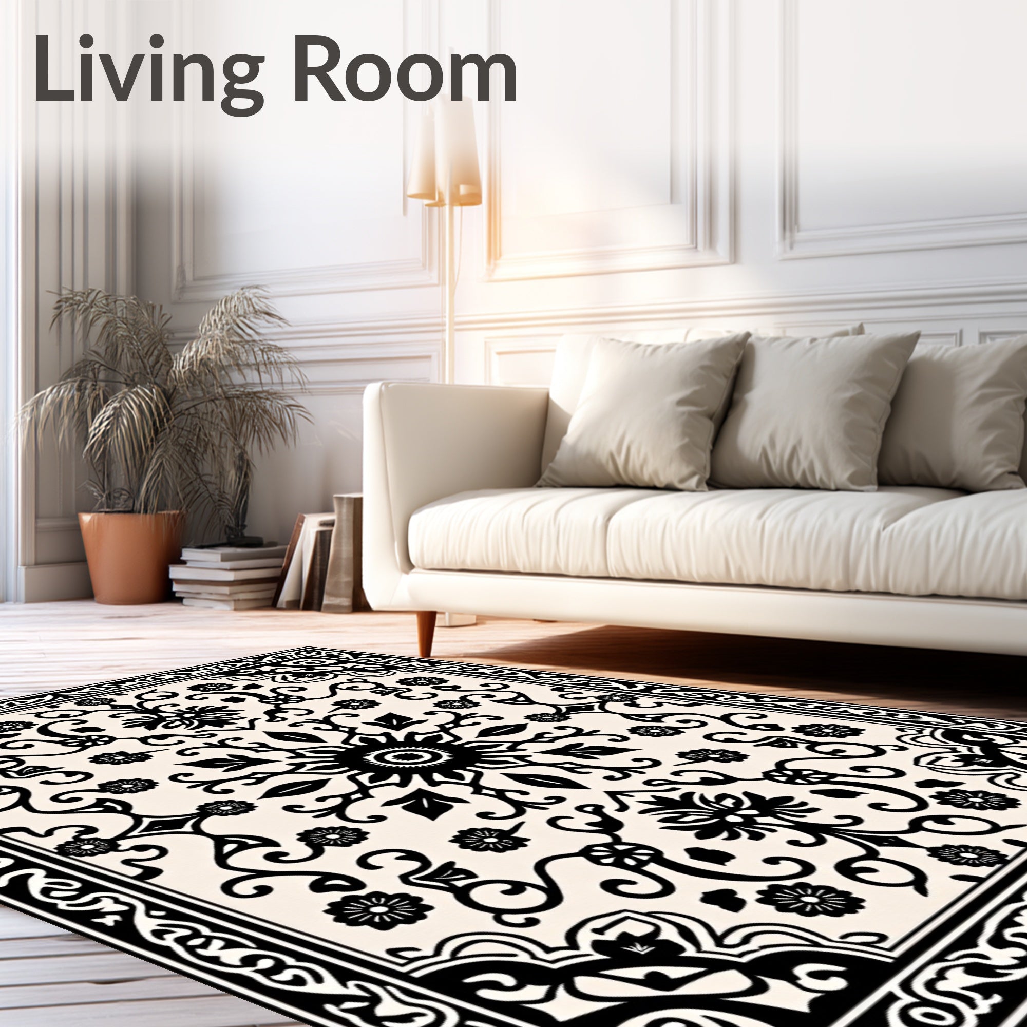 Black Cream Floral Medallion Border Rug