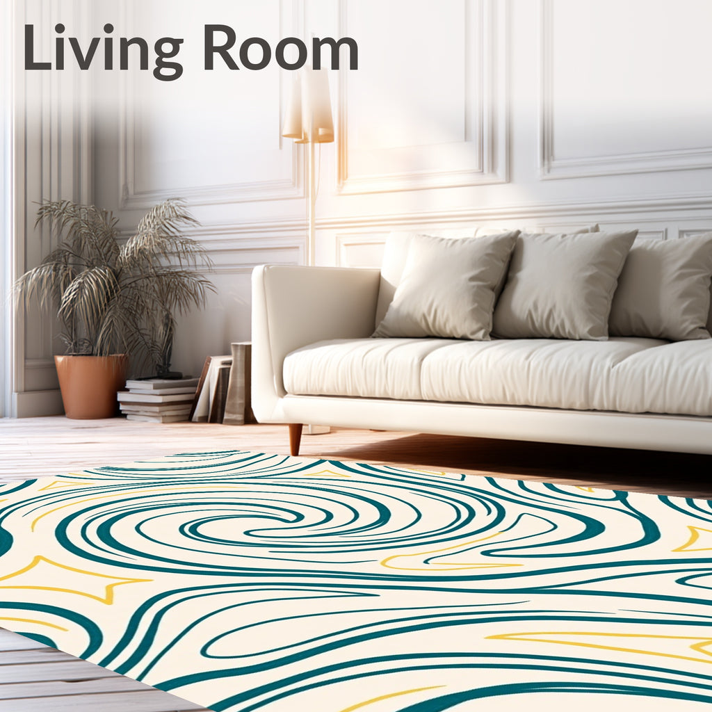 Teal Yellow Swirl Abstract Line Rug