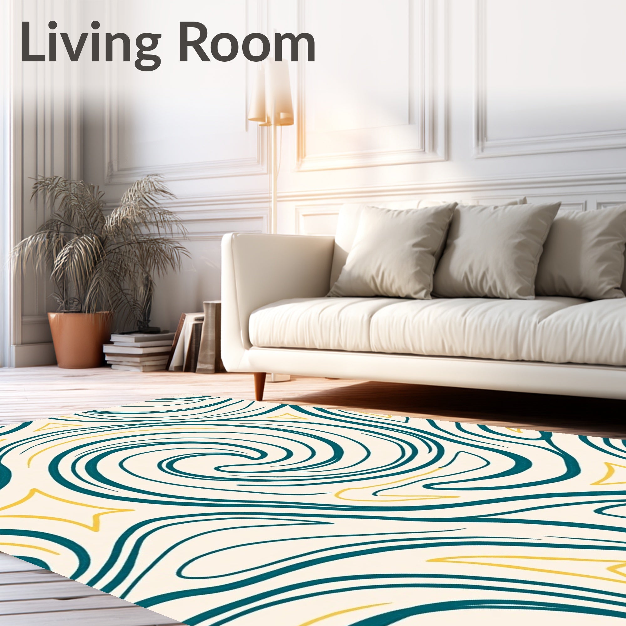 Teal Yellow Swirl Abstract Line Rug