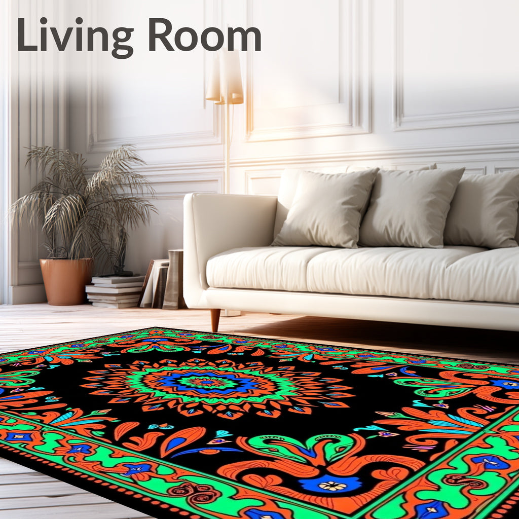 Vibrant Black Orange Green Blue Medallion Rug