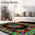 Vibrant Black Orange Green Blue Medallion Rug