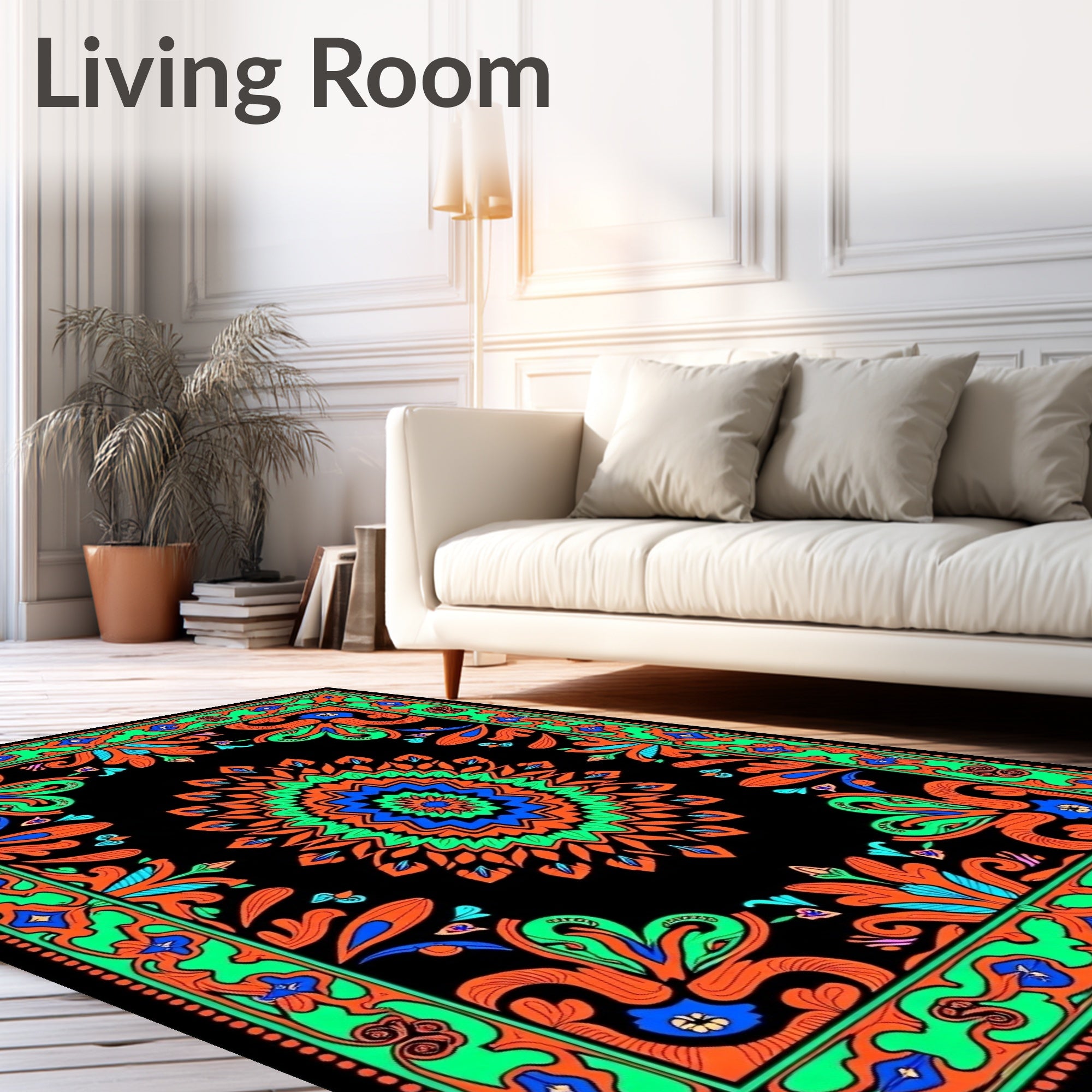Vibrant Black Orange Green Blue Medallion Rug