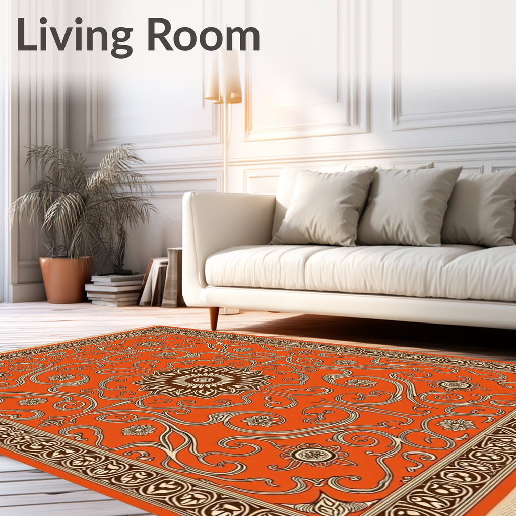 Vibrant Orange Swirl Floral Medallion Rug