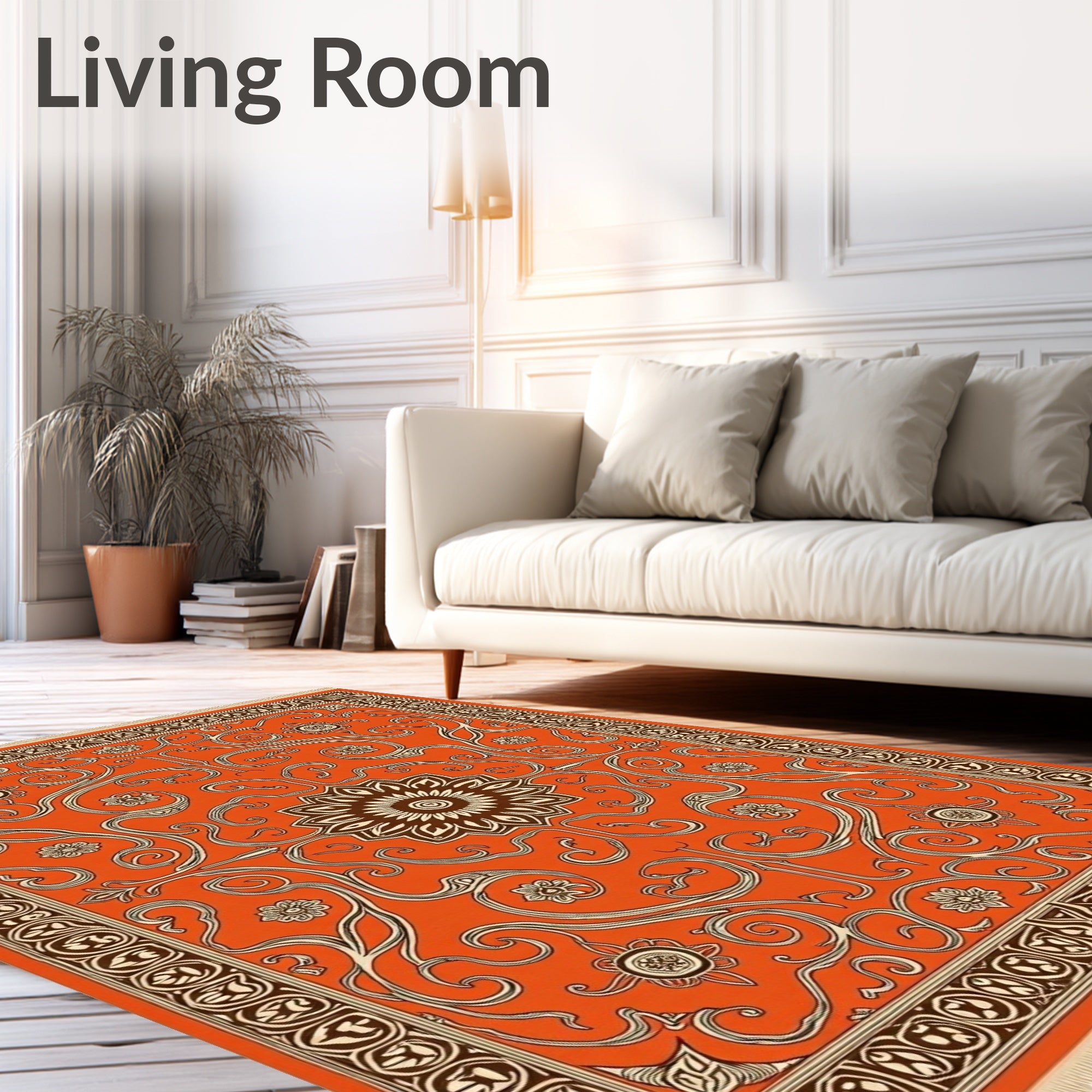 Vibrant Orange Swirl Floral Medallion Rug