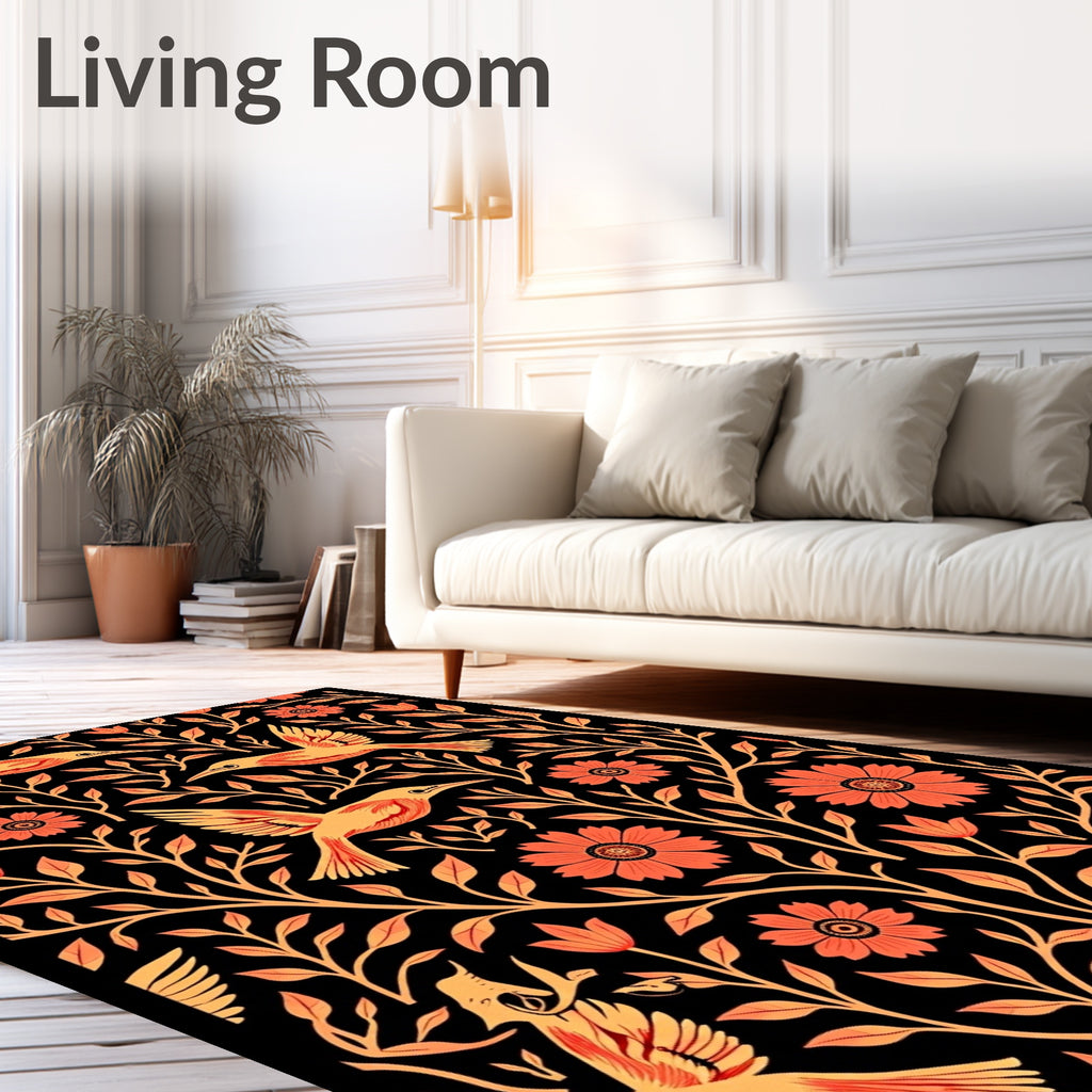 Coral and Gold Bird Floral Tableau Rug