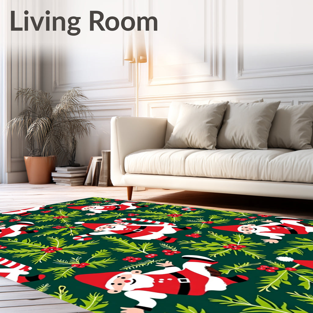 Whimsical Santa Clauses and Holly Sprigs Rug