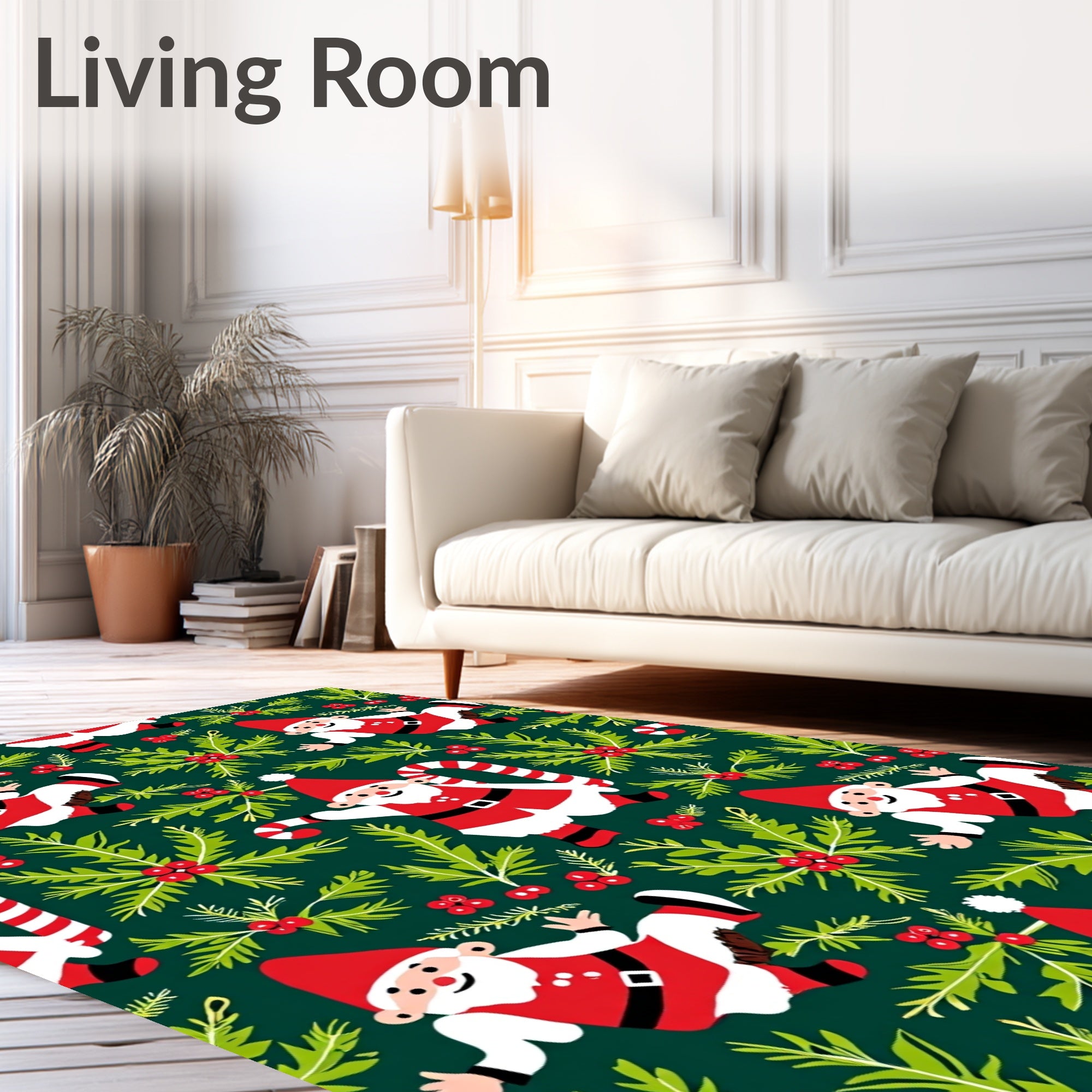 Whimsical Santa Clauses and Holly Sprigs Rug