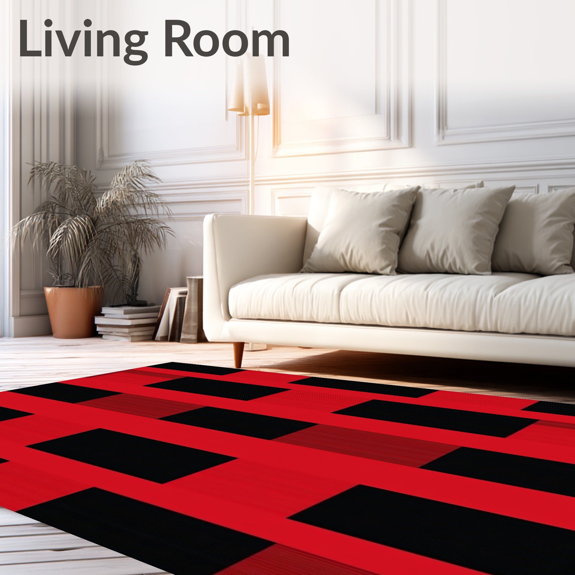 Bold Red Black Plaid Blocks Rug