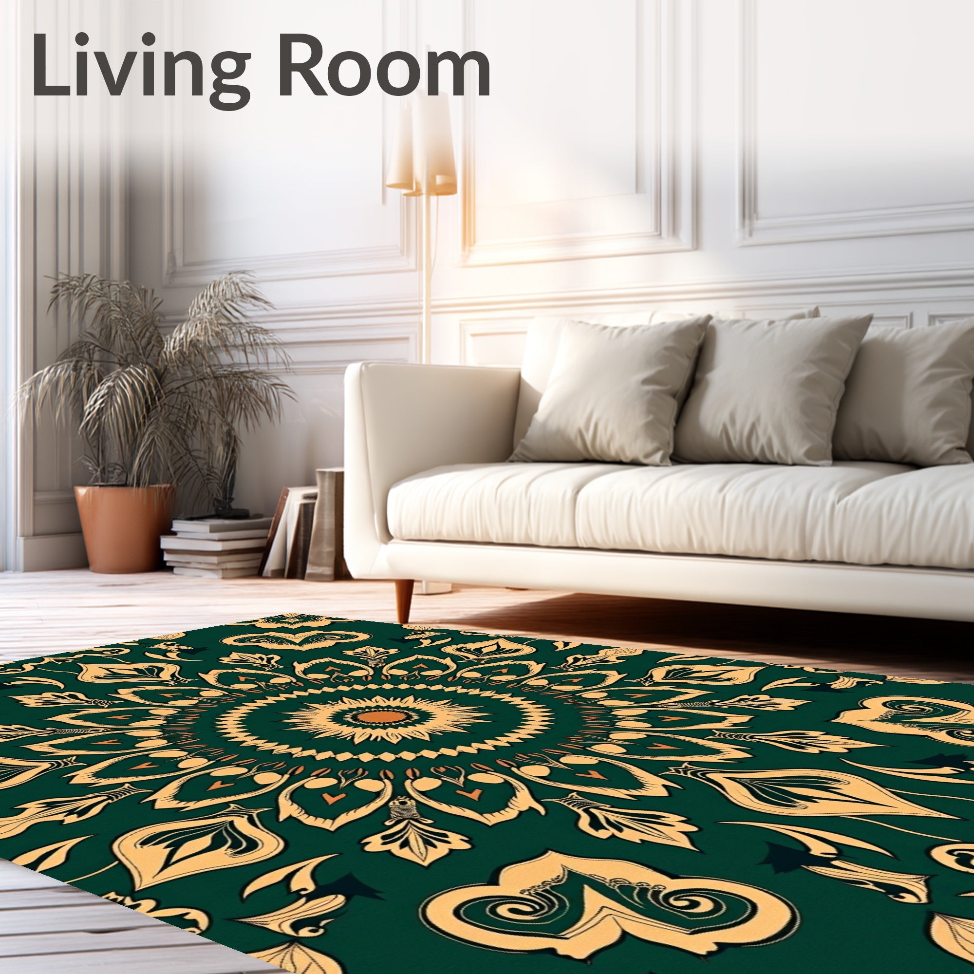 Deep Green Golden Mandala Medallion Rug