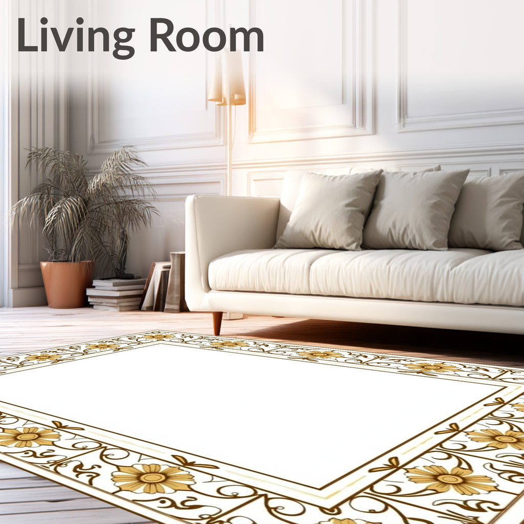 Ornate Golden Floral Vine Border Rug