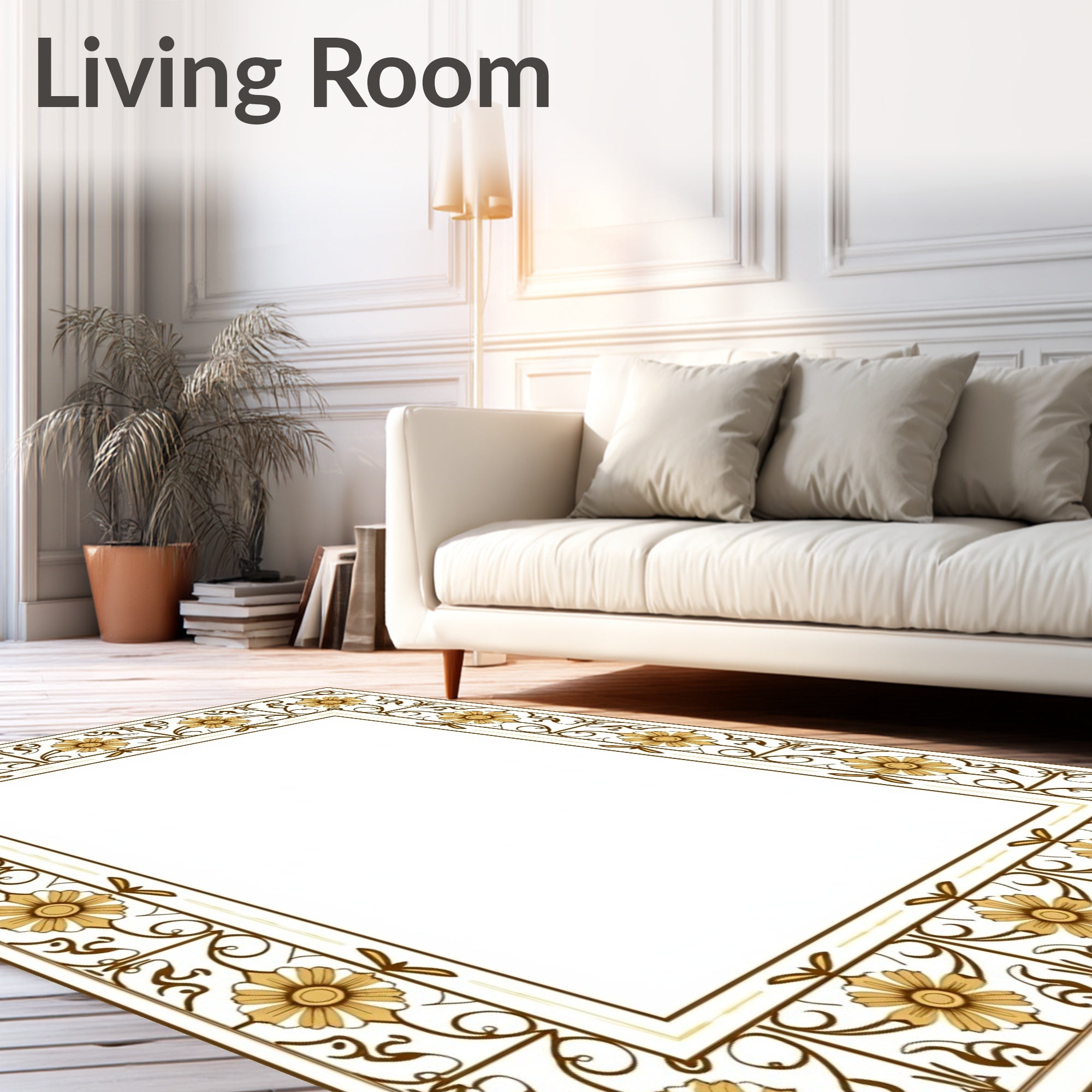 Ornate Golden Floral Vine Border Rug