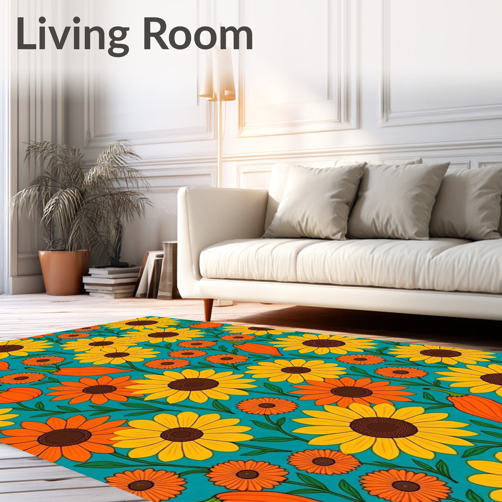 Yellow Orange Sunflowers Teal Botanical Rug